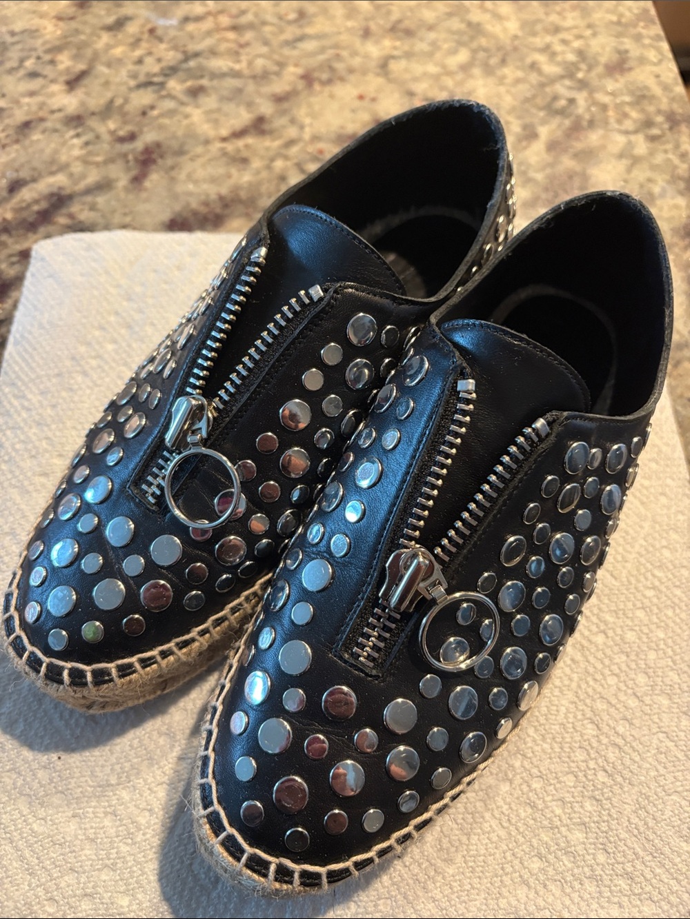 Alexander Wang Black Leather Studded Espadrille Sneakers with Silver Hardware